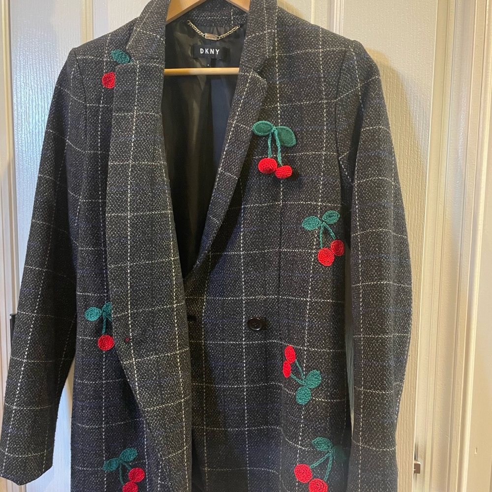 DKNY Black Plaid Cherry Embroidered Blazer - Picture 6 of 9